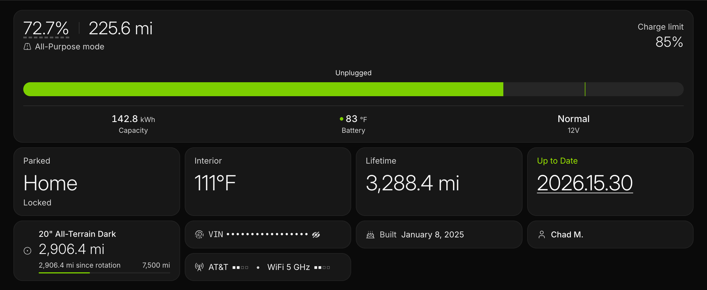 The free dashboard: 72.7% battery, 225.6 mi range, parked and locked, interior 111F, tire rotation progress, software up to date