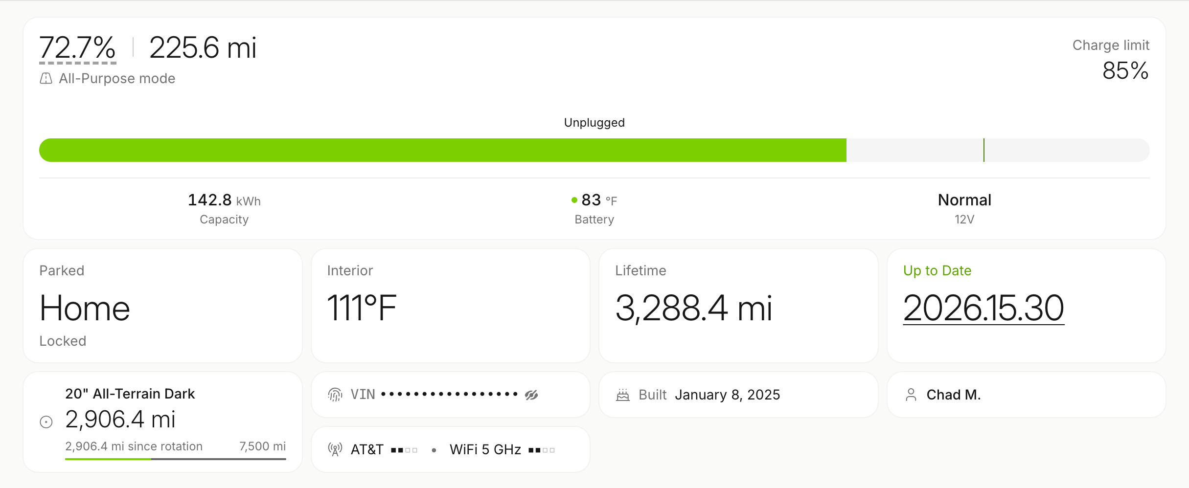 The free dashboard: 72.7% battery, 225.6 mi range, parked and locked, interior 111F, tire rotation progress, software up to date