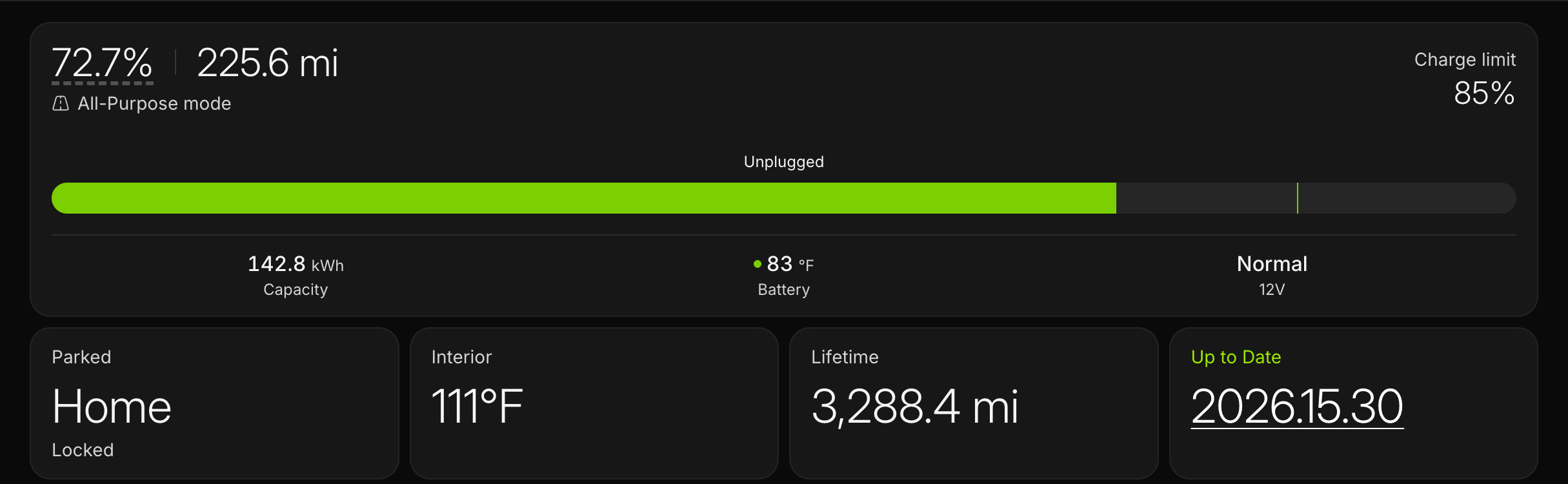 Roamer dashboard showing battery level, range, and parked at Home
