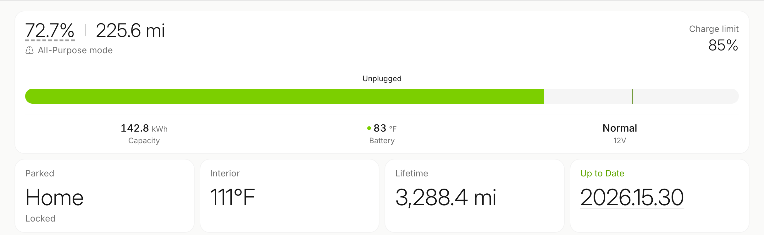 Rivian Roamer dashboard for a 2025 R1T: 56% battery, 175 mi range, parked at Home, software update downloading