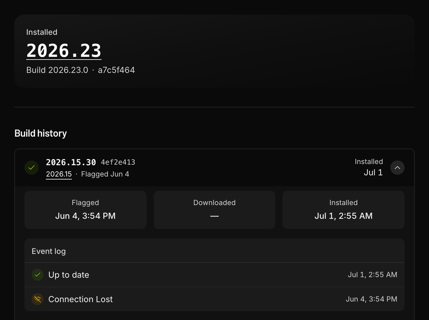 Software release timeline: flagged, downloaded, installed