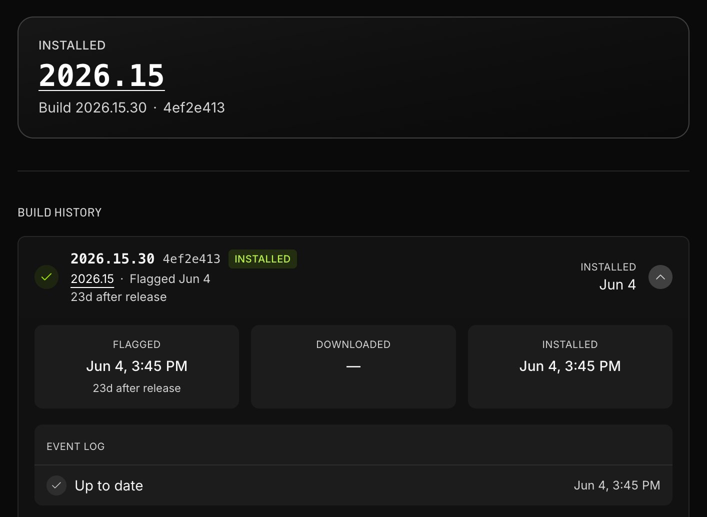 Software release timeline: flagged, downloaded, installed