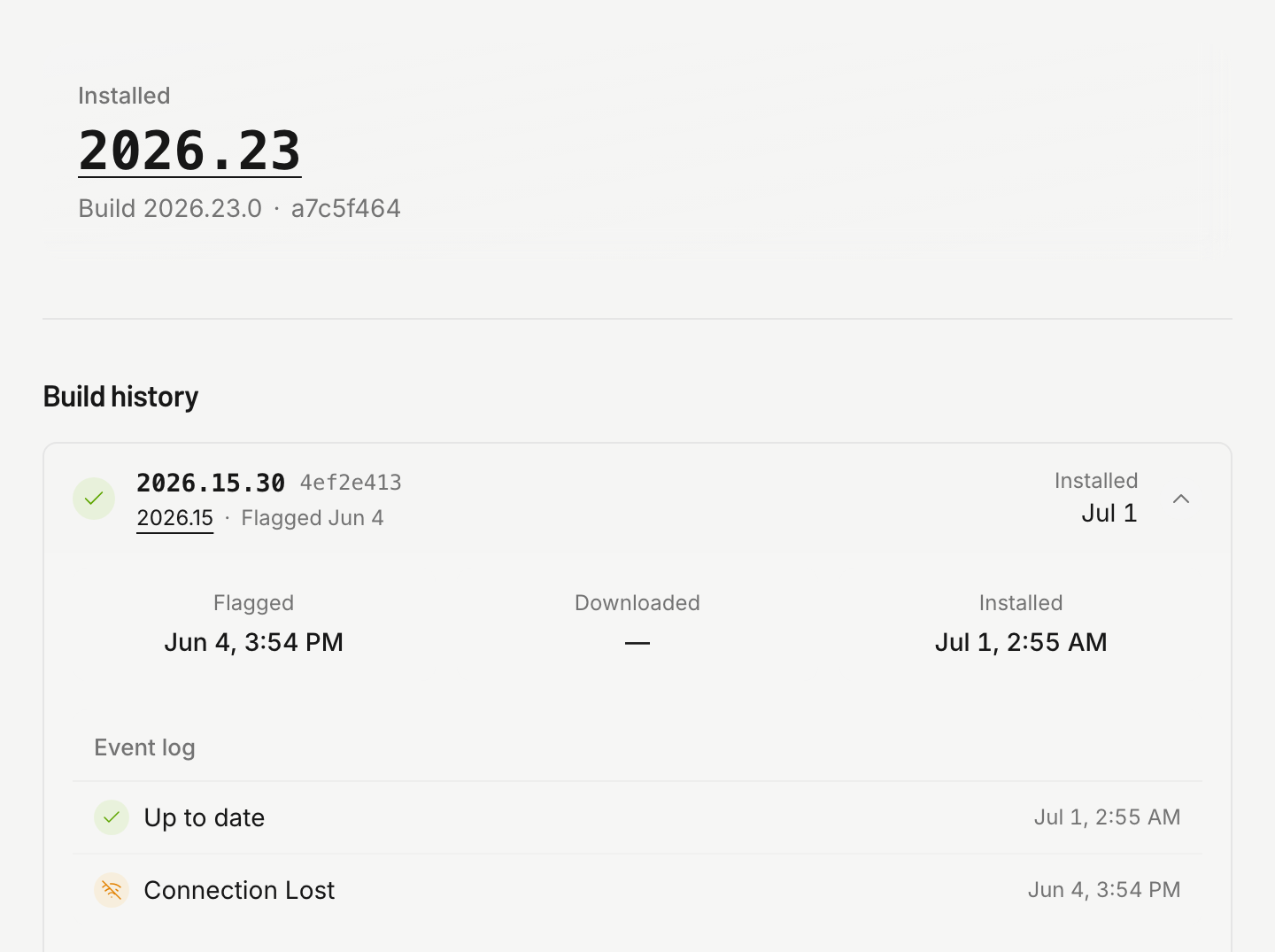 Software release timeline: flagged, downloaded, installed