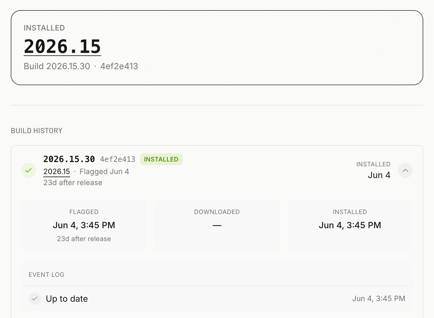 Software release timeline: flagged, downloaded, installed